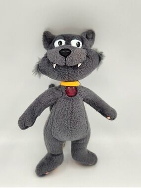 Plush Gray Cat Toy with Yellow Collar and Red Tag - Soft Pet Plush